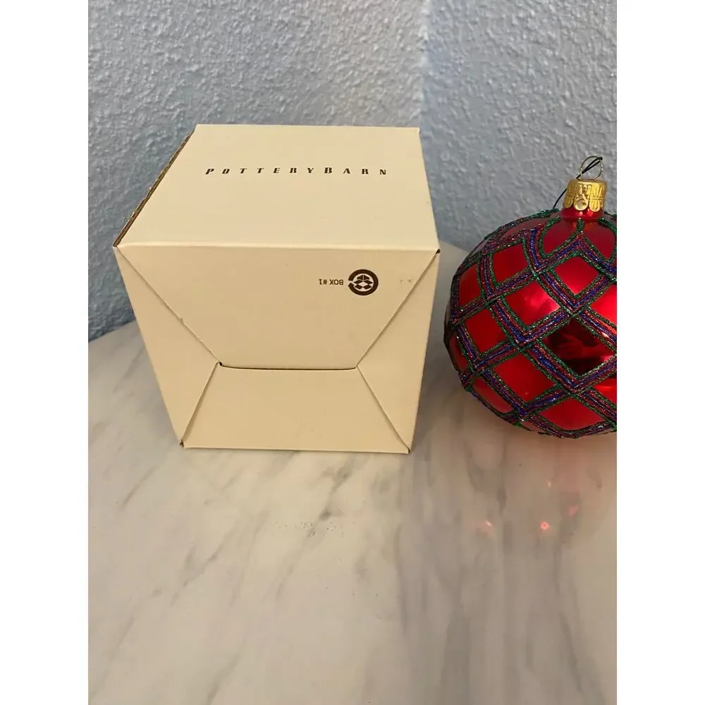 Pottery Barn Red Glass Glitter Lattice Ball Ornament w/ Original Box